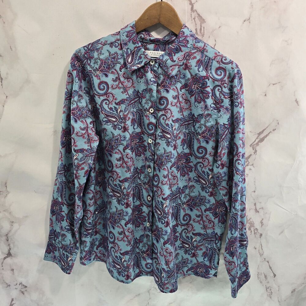 Foxcroft Shirt Womens 14 Large Blue Pink Paisley Button Up Wrinkle Free Non Iron